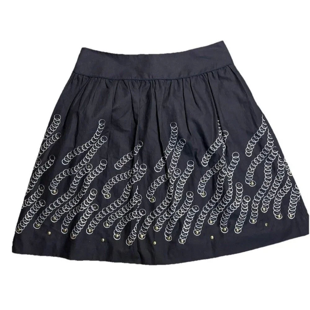 Worth Fit Flare Mini Skirt Navy Blue 12 Embroidered Studded Boho A-Line Chic